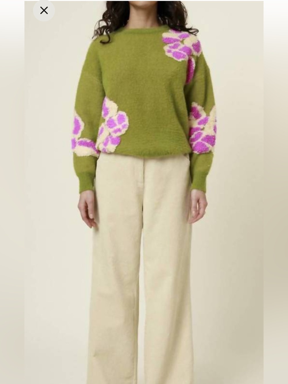 FRNCH Paris Ulyssia Floral Appliqué Sweater Green Pink SOFT COZY Boho Size M